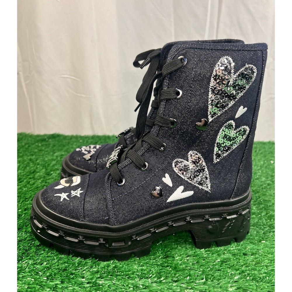 Karl Lagerfeld 5 Lampirini Ikonic Lace Up Combat Boots Denim Embroidery NWOB - Picture 9 of 9